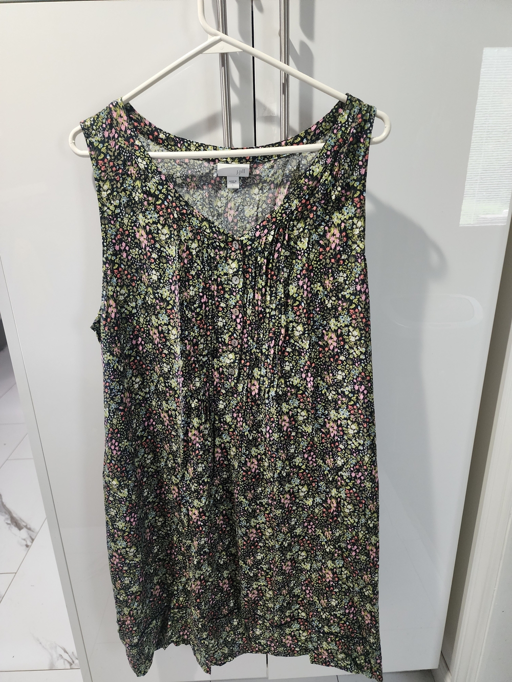 J. Jill Black Sleeveless Floral V-Neck Mini Dress with Pink & Green Accents